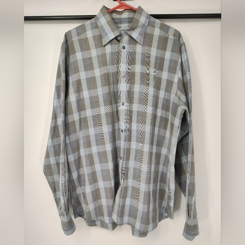 Ted Baker London Plaid Button-Down Shirt in Light Blue & Taupe Size Mens 4/Large